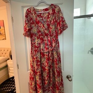 Elegant Floral Midi Dress in Red and Yellow